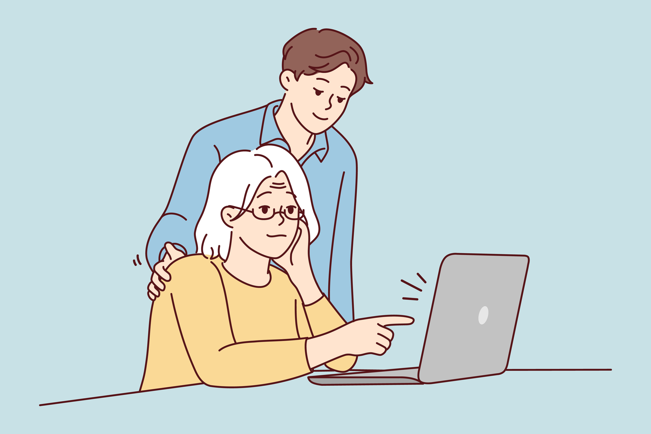 A drawing of a younger man standing over an older woman seated at a table with a laptop computer.