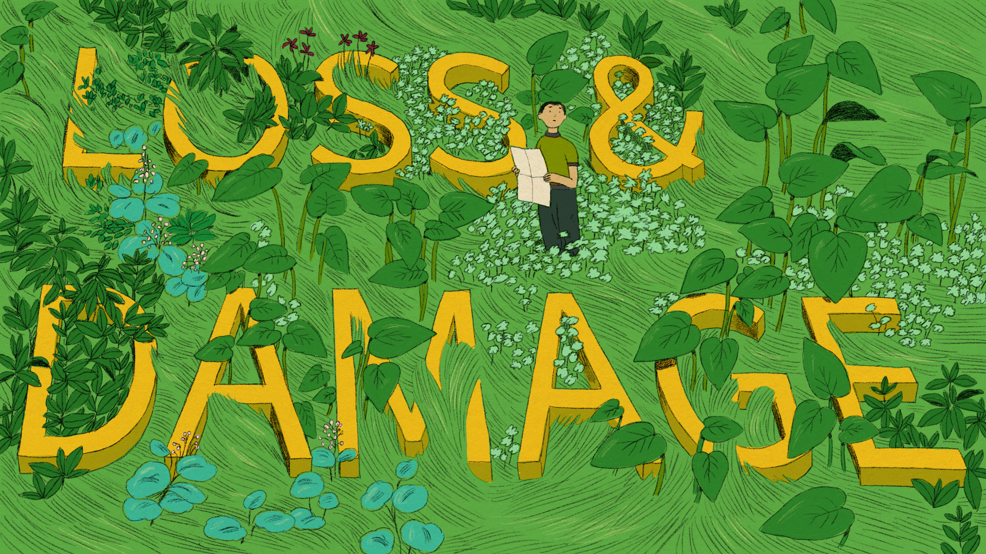 An illustration of a man holding a map in the middle of overwhelming greenery. Half-hidden in the greenery are the words “Loss &amp; Damage.”