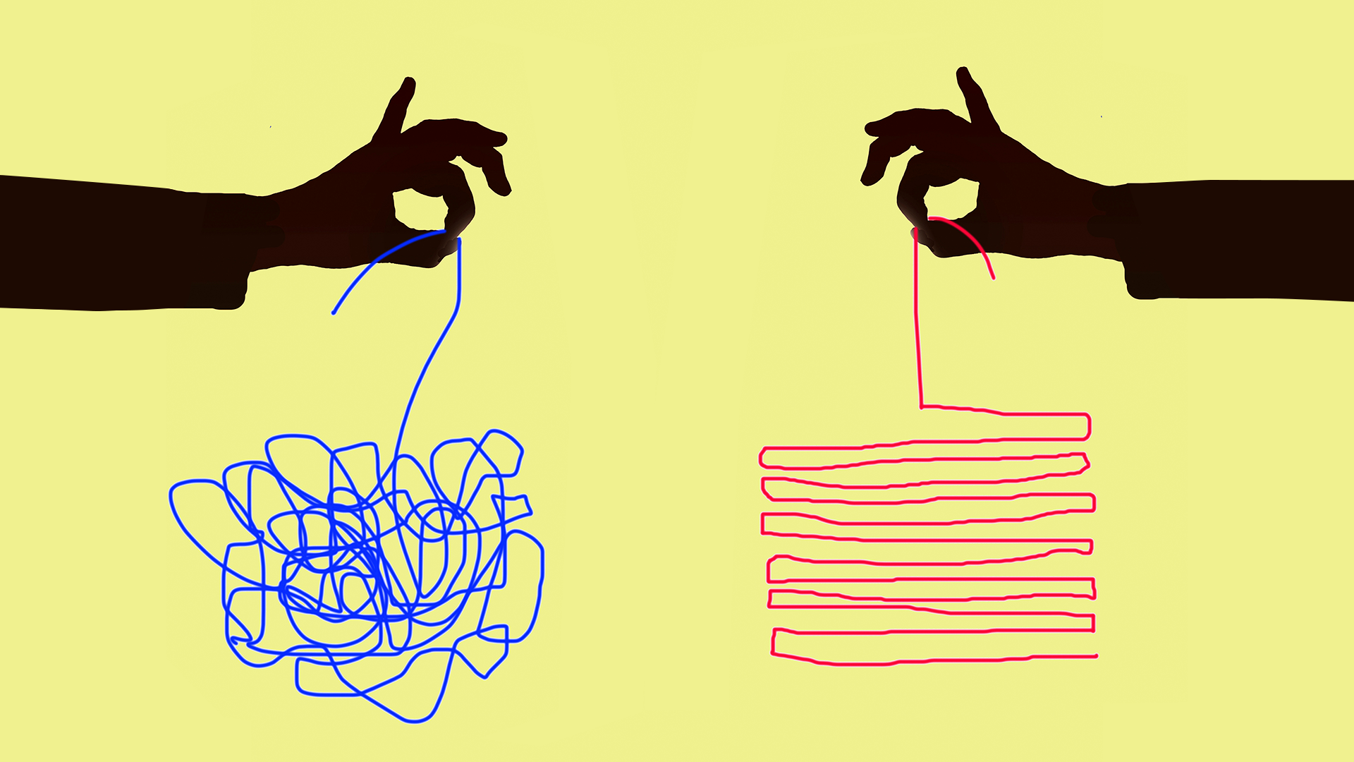 An illustration of a shadowed hand holding a blue tangled thread. Another shadowed hand holds a red thread neatly arranged in rows. 