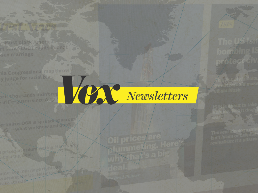 An image that reads “Vox newsletters” in black text over a yellow bar, all against a map of the world in shades of gray.